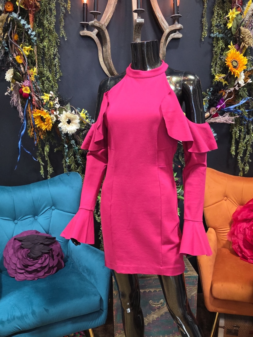 Free People Raspberry Cold-Shoulder Ruffle Mini Dress
